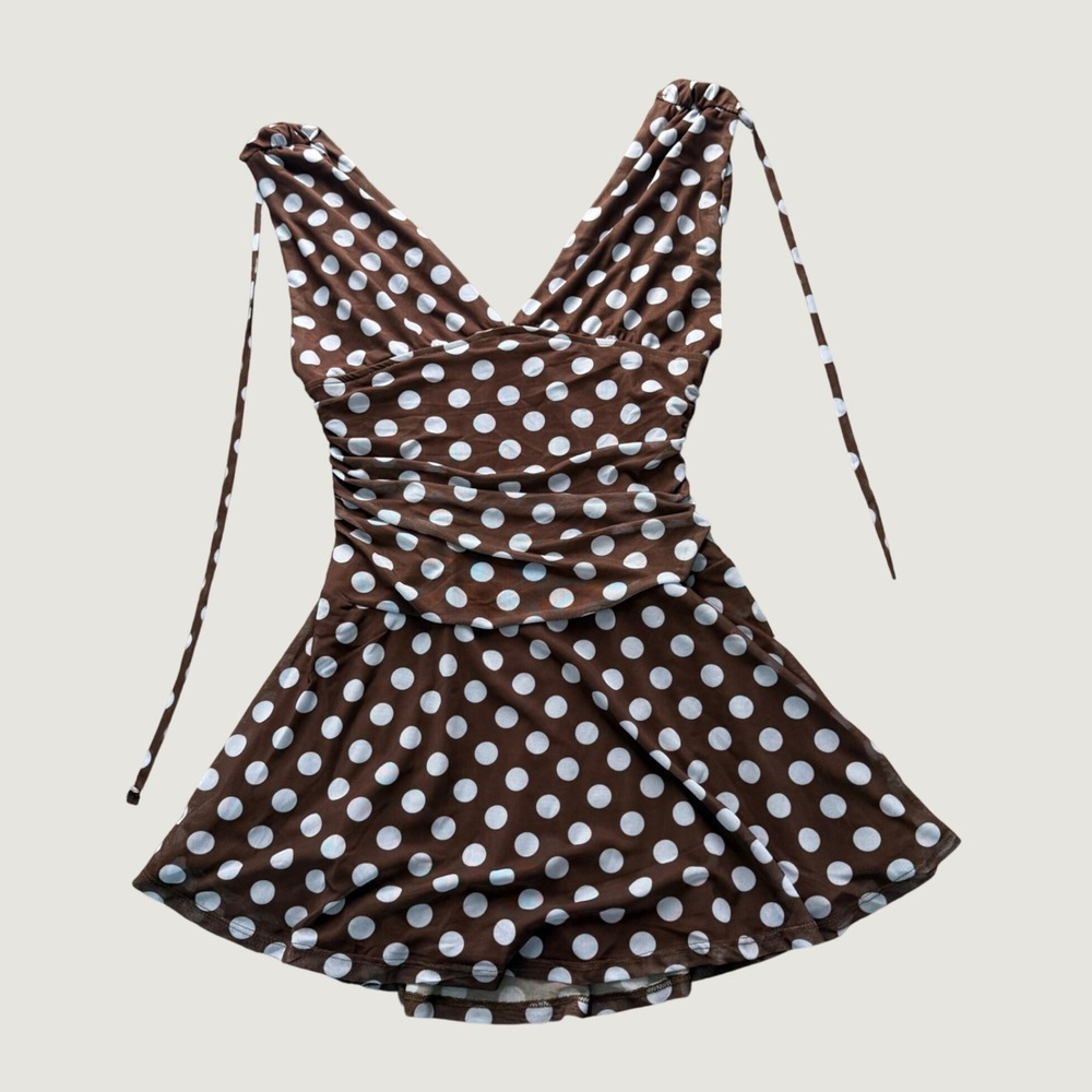 Polka Dot Mini Dress L Brown White Mesh Ruched Halter Sleeveless Retro
